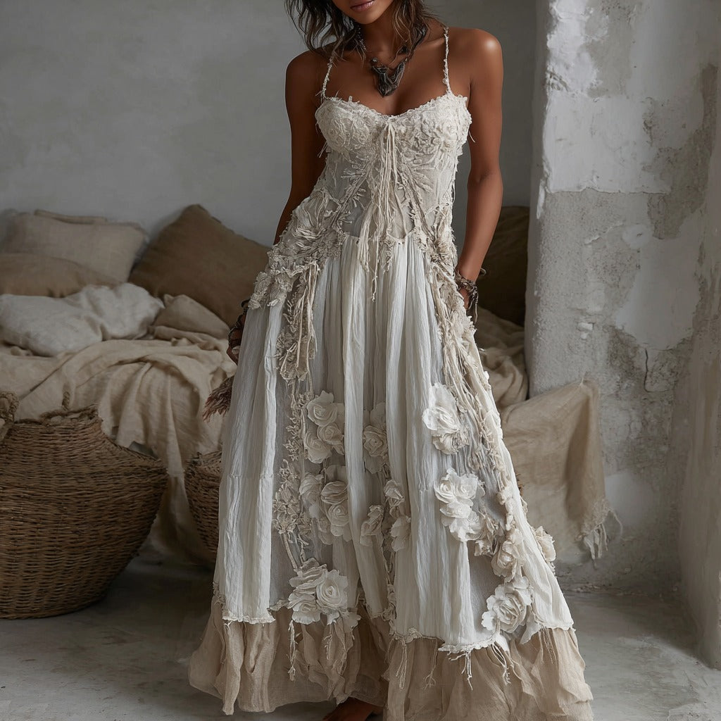Women's White Rose Embroidery Sleeveless Dress
