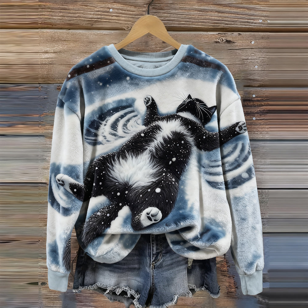 Lovely Cat In The Snow Round Neck Plush Sweatshirt elevenforest