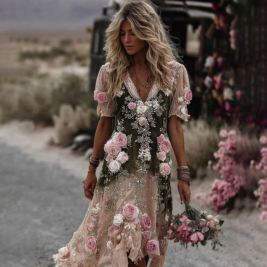 Women's Vintage Romantic Pink Rose Embroidery Art Comfy Linen Midi Dress artswardrobe