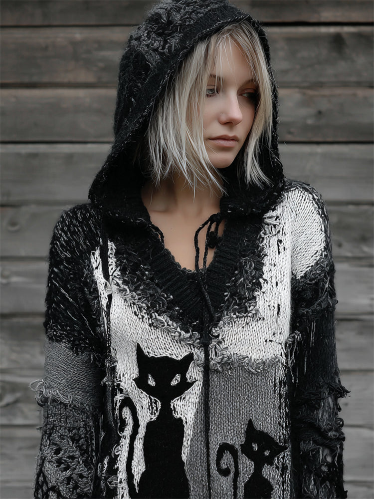 Halloween Spooky Black Cats Frayed Patchwork Knit Hooded Sweater elevenforest