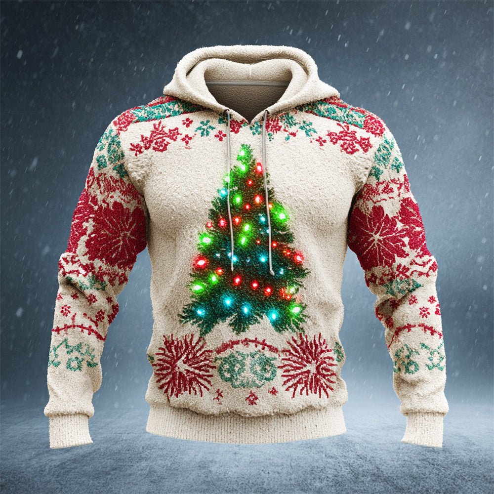 Comstylish Christmas Lights Tree Pattern Men's Flannel Hooded Sweatshirt