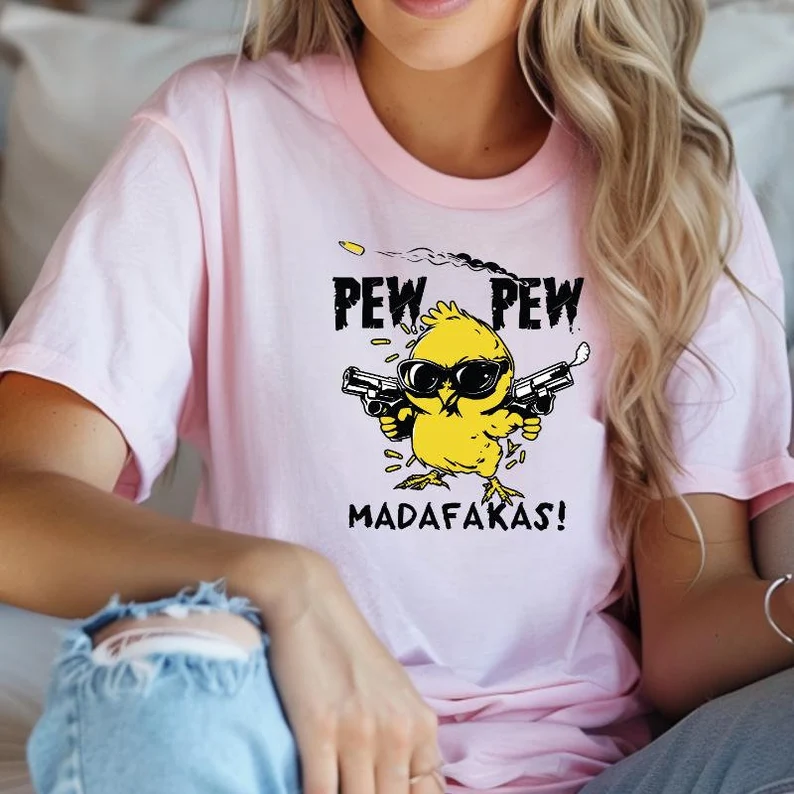 Pew Pew Madafakas Print Crew Neck Short Sleeve T-shirt elevenforest