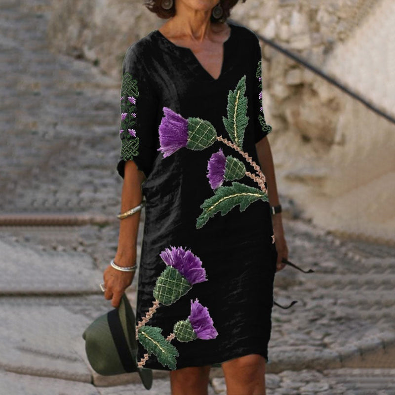 Scottish Thistle Embroidered V-neck Linen Blend Midi Dress artswardrobe