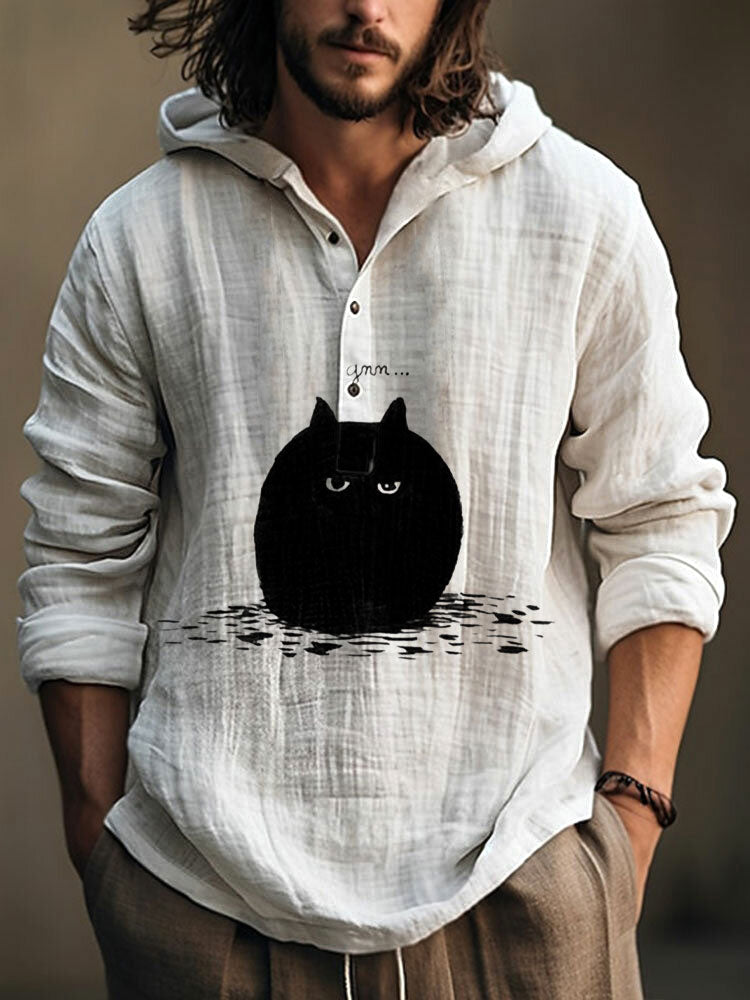 Japanese Art Black Cat Print Cotton Blend Hoodie elevenforest