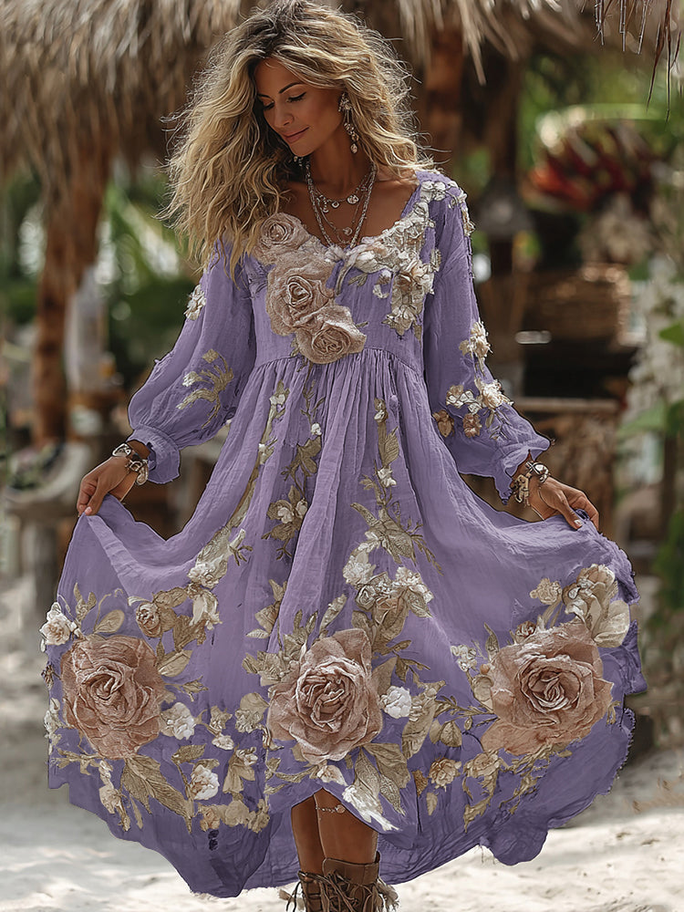 Women's Vintage Romantic White Rose Embroidery Art Comfy Linen Maxi Dress artswardrobe
