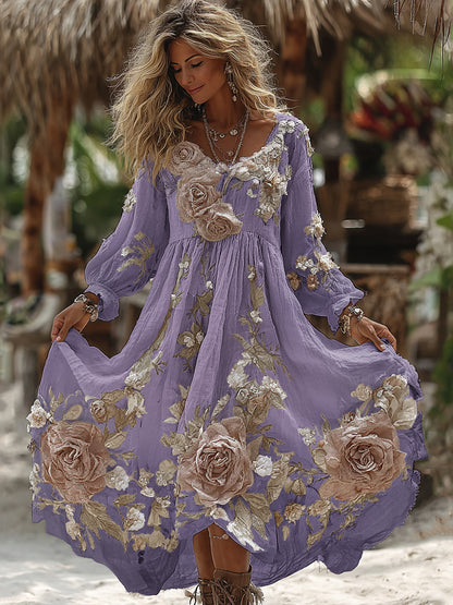 Women's Vintage Romantic White Rose Embroidery Art Comfy Linen Maxi Dress artswardrobe