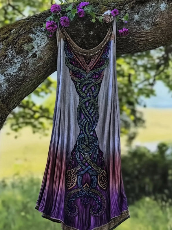 Vintage Viking Celtic Knot Gradient  Linen Midi Dress artswardrobe
