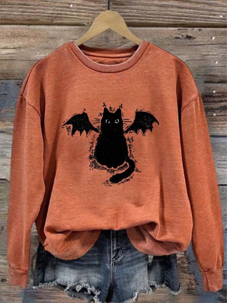 Women's Casual Demon Black Cat Print Sweatshirt elevenforest