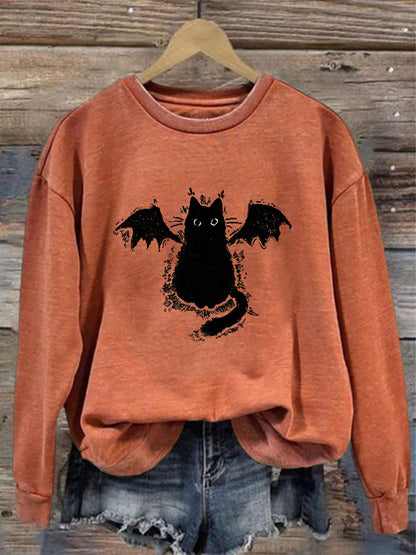 Women's Casual Demon Black Cat Print Sweatshirt elevenforest