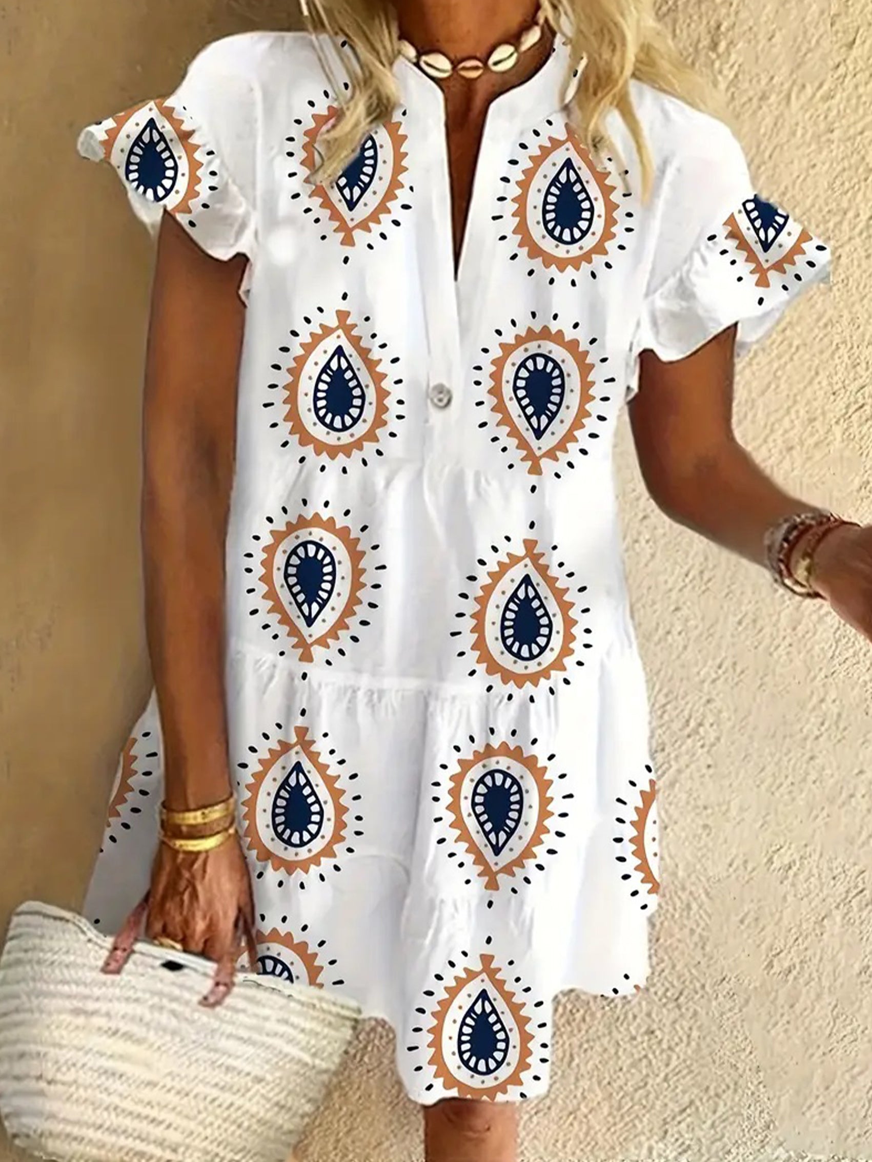 Retro Water Drop Shape Pattern Ruffled Short-sleeved V-neck Buttoned Dress Vacation Beach Dress