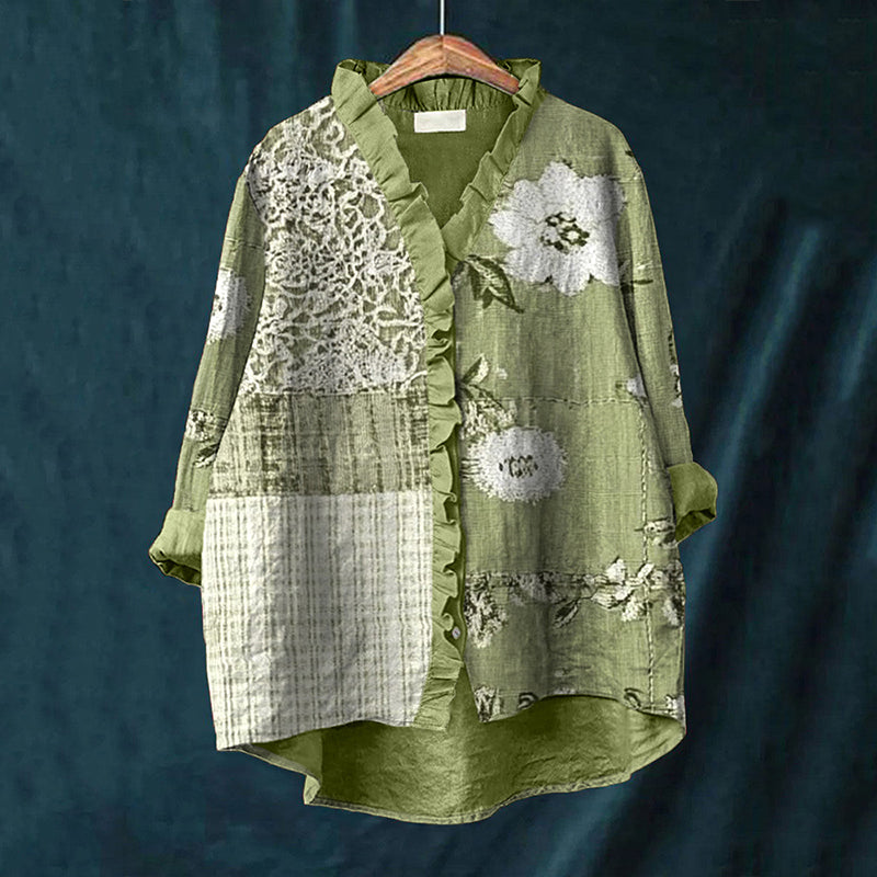 Elegant Floral & Lace Patchwork Linen Ruffle Shirt artswardrobe