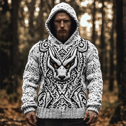 Men's Viking Wolf Celtic Cozy Chunky Hooded Sweater elevenforest