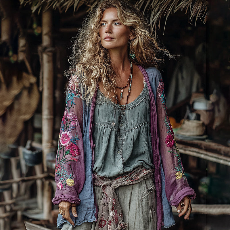 Classic Bohemian Floral Art Embroidery Print Cotton And Linen Blend Kimono Cardigan artswardrobe
