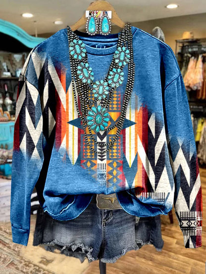 Comstylish Blue Aztec Print Casual Sweatshirt
