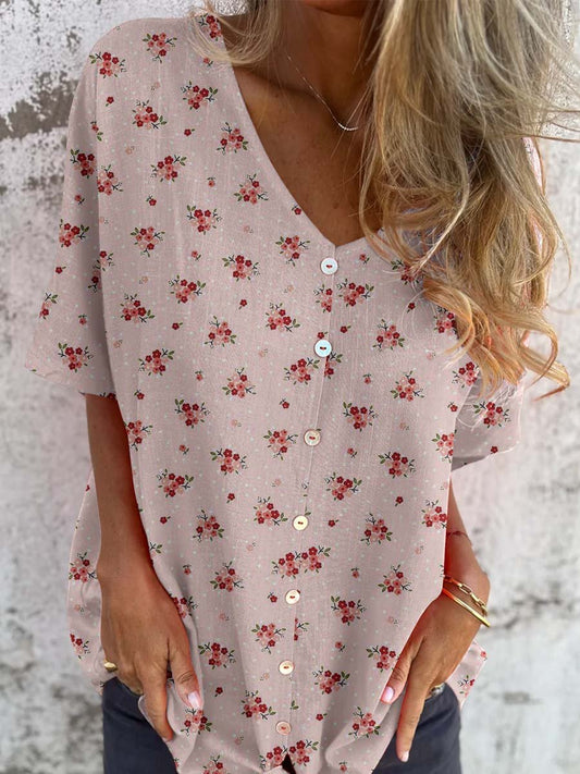 Women's Elegant Retro Floral Pattern Round Shirt Style Cotton and Linen Top