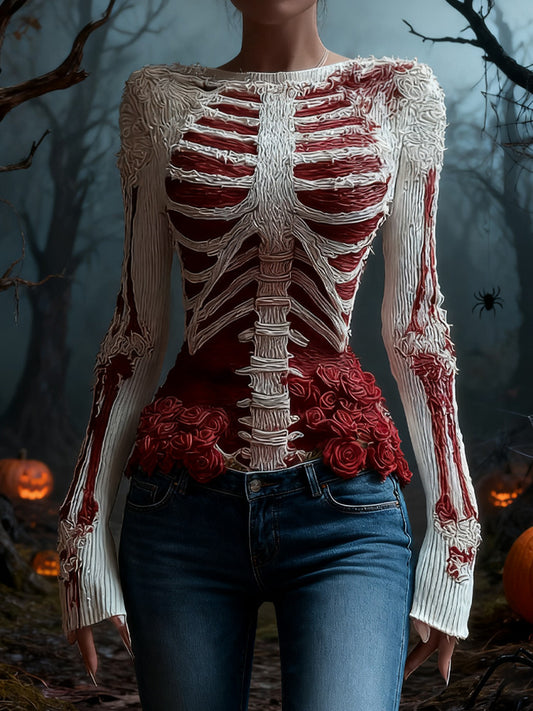 Comstylish Women's Halloween Retro Skeleton Print Top