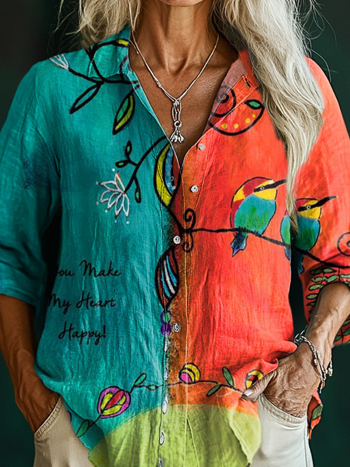 Women's Vintage Floral Bird Art Print Casual Cotton Shirt