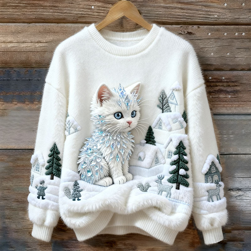 Women's Christmas Cat Art Comfort Plush Sweatshirt