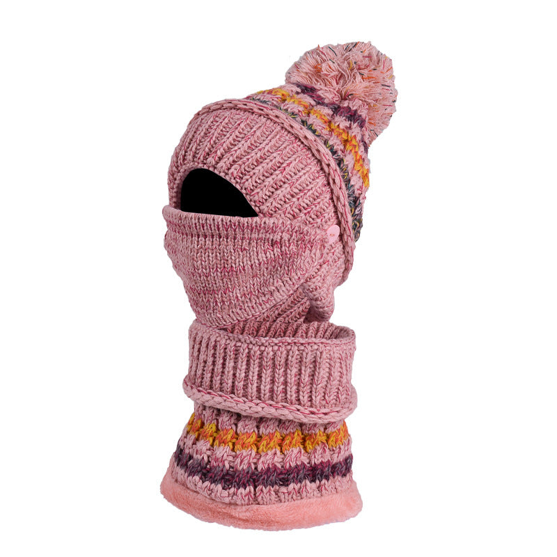 Three-Piece Fleece And Color-Block Knitted Hat, Scarf And Mask elevenforest