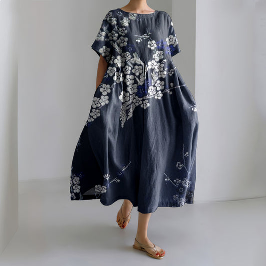 Comstylish Women Japanese Art Plum Blossom Linen Blend Maxi Dress