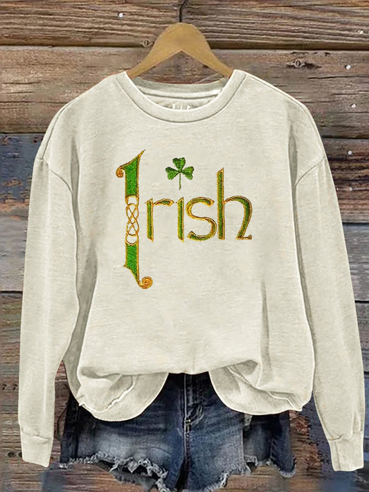 Comstylish Irish Shamrock Embroidered Crew Neck Sweatshirt