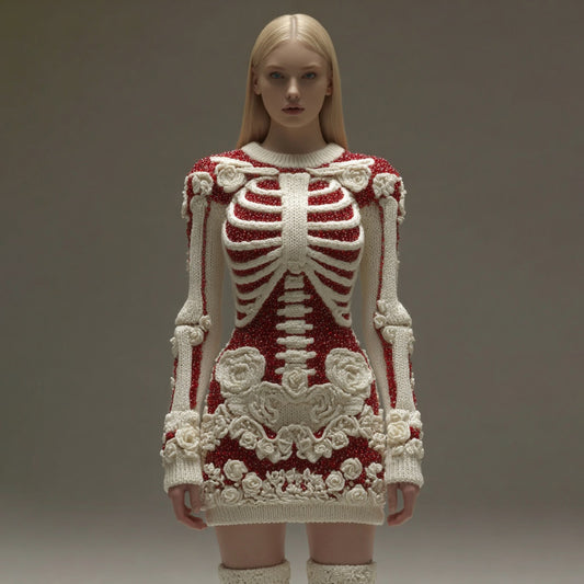 Comstylish Women's Vintage Halloween Skeleton Bones Rose Art Cozy Knit Mini Sweater Dress