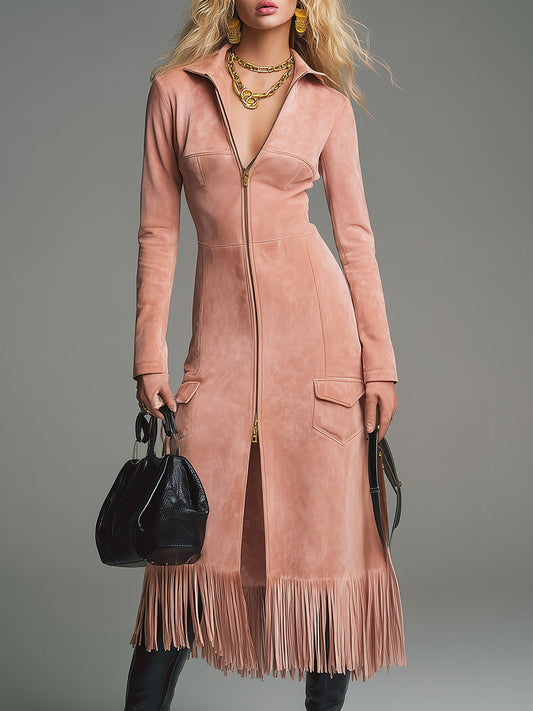 Vintage Western Front Zipper Tassel Pink Faux Suede Midi Dress