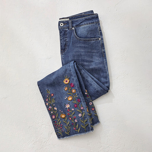 Comstylish Vintage Walk In The Wildflowers Embroidery Art Design Jeans