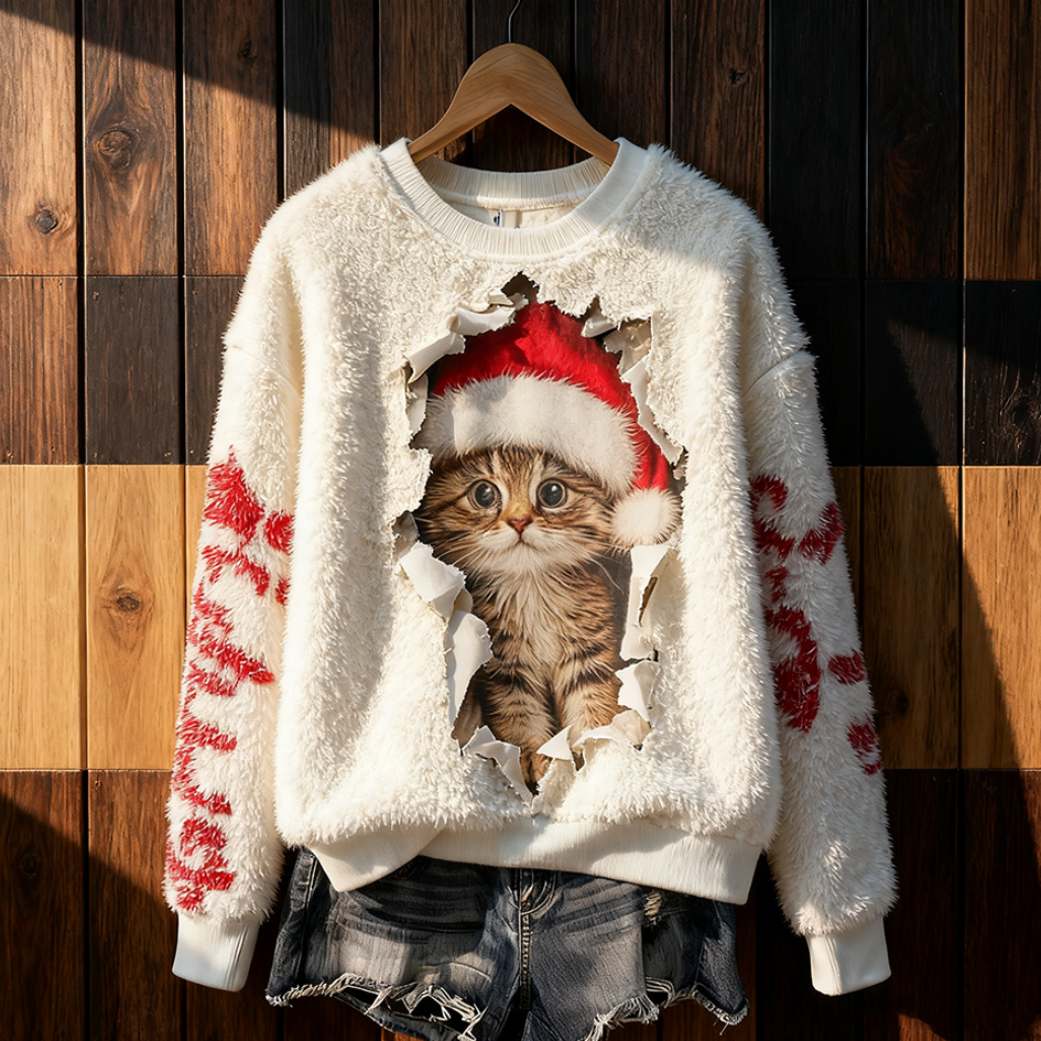 Lady Christmas Fun Cat Design Flannel Sweatshirt
