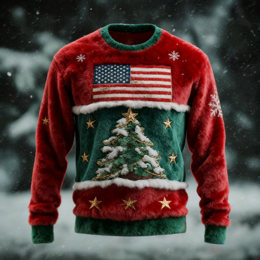 Comstylish Men's American Flag Christmas Tree Cozy Plush Sweatshirt