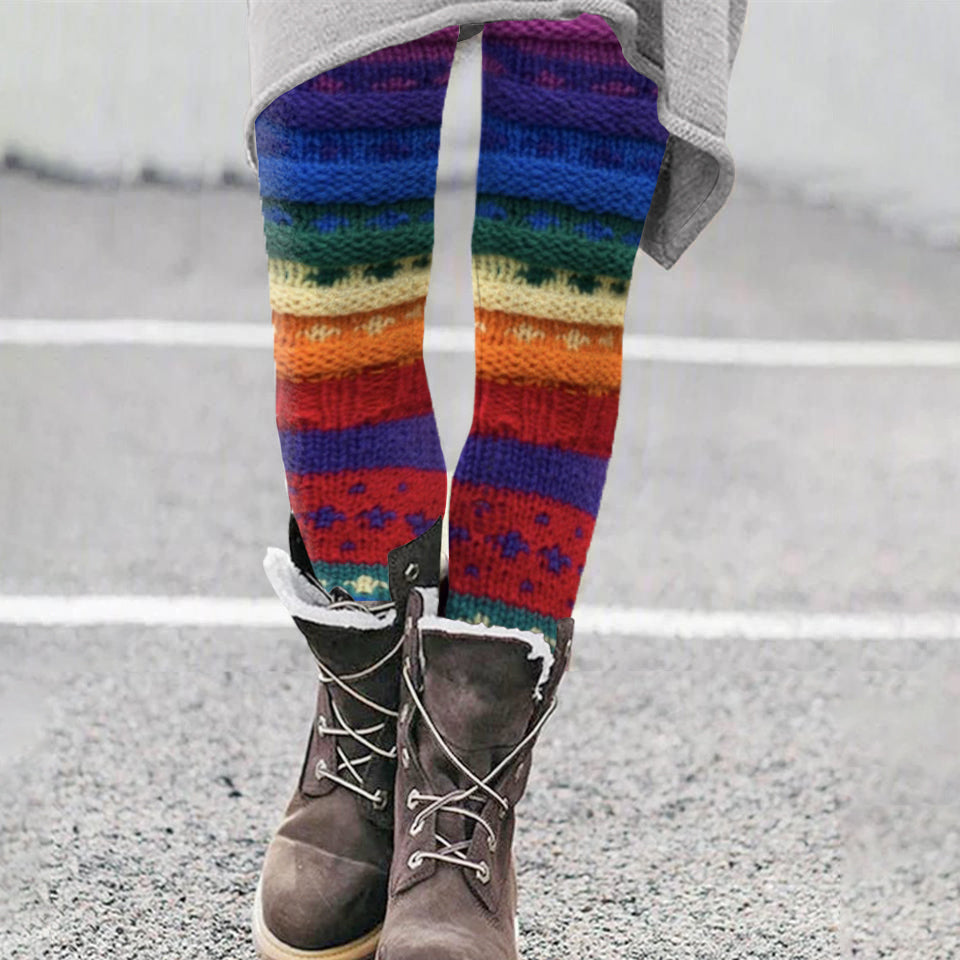 Vintage Colorblock Patchwork Rainbow Multicolored Cozy Knit Leggings elevenforest