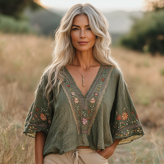 Women's Bohemian Retro Flowers Linen Blend Cozy T-shirt artswardrobe