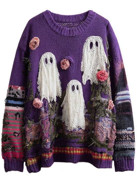 Vintage Ghost & Roses Embroidered Patchwork Cozy Knitted Sweater artswardrobe
