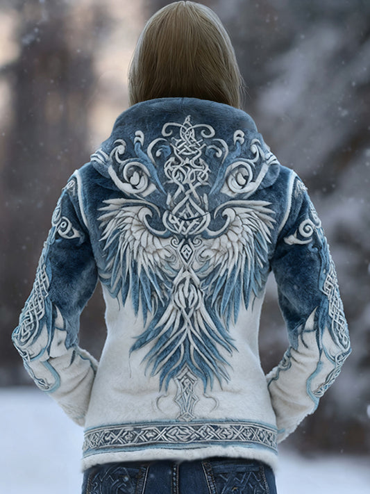 Comstylish Viking Retro Angel Wings Celtic Knot Gradient Blue Flannel Hoodie
