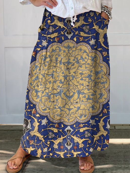 Women's Vintage Ethnic Floral Art Print Linen Pocket Skirt