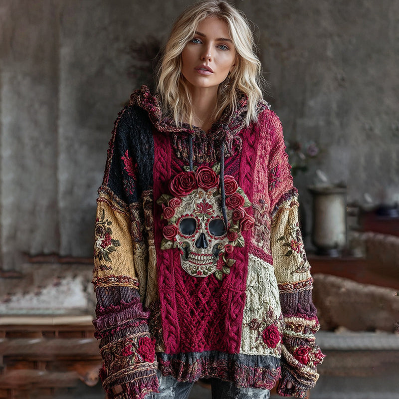 Boho Rose And Skull Inspired Colorblock Design Cozy Knit Hooded Sweater artswardrobe