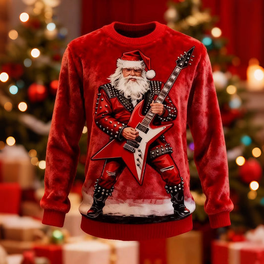Comstylish Men's Santa Claus Playing Guitar Pattern Plush Sweatshirt