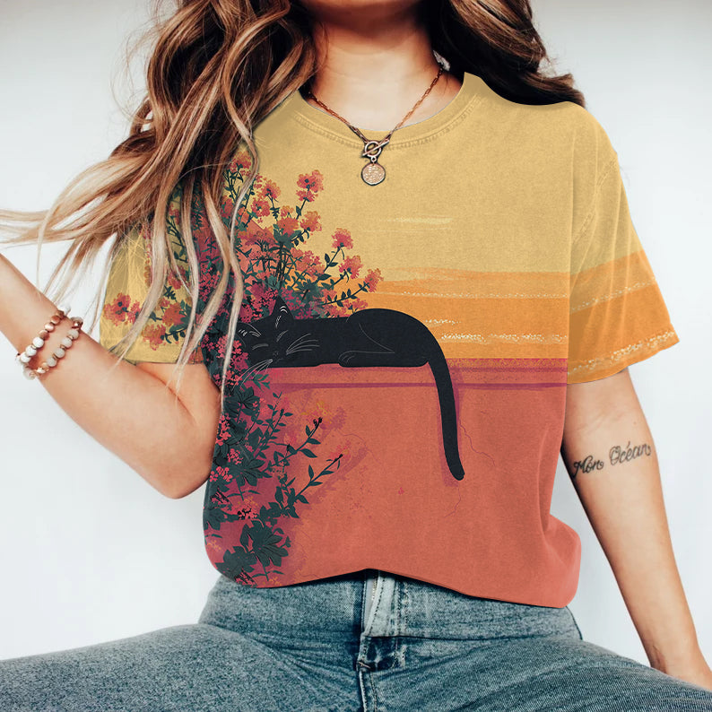 Abstract Creative Black Cat Lying On The Balcony Painting Art T-Shirt elevenforest