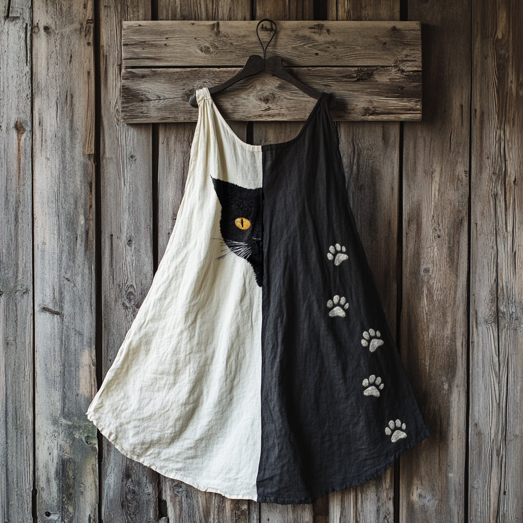 Cute Black Cat And Paw Embroidered Art Linen Contrast Color Mini Dress elevenforest