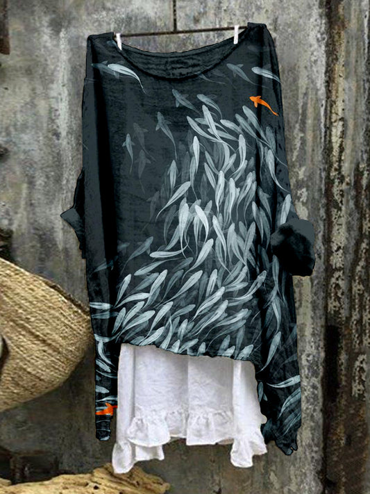 Comstylish Shoal of Fish Pattern Linen Blend Flowy Tunic