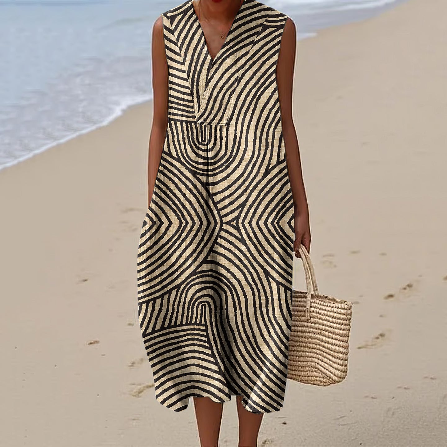 Vintage Stripe Pattern Linen V Neck Tank Dress artswardrobe