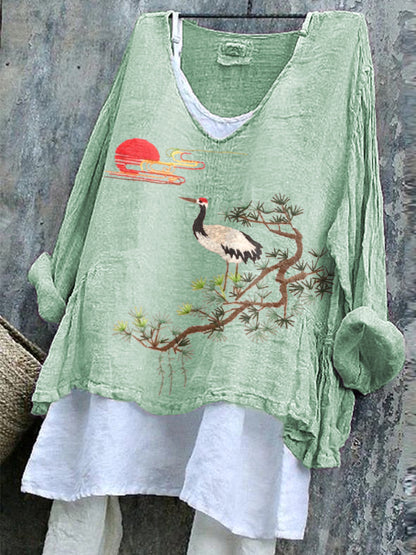 Comstylish Pine Trees Sunrise Landscape Embroidery Pattern Cozy Cotton Linen Shirt