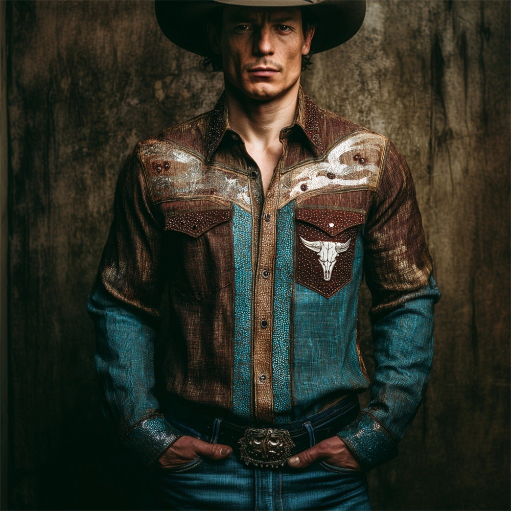 Vintage Western Bull Skull Pattern Men's Linen Long Sleeve Shirt artswardrobe