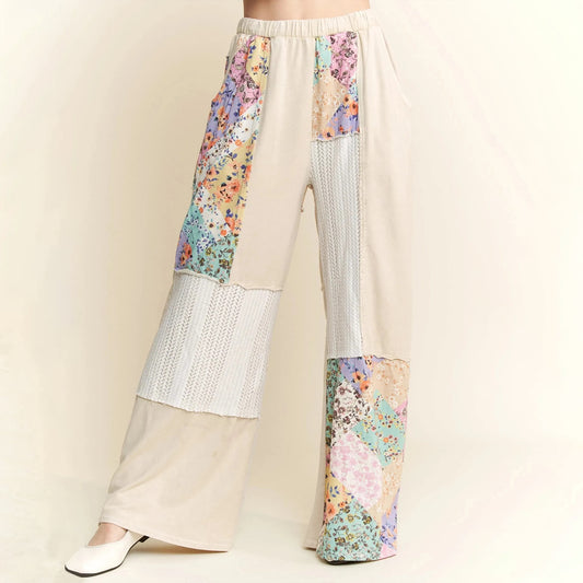 Vintage Floral Lace Patchwork Loose Wide-leg Linen Blend Pants artswardrobe