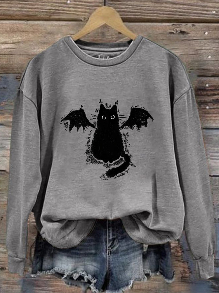 Women's Casual Demon Black Cat Print Sweatshirt elevenforest