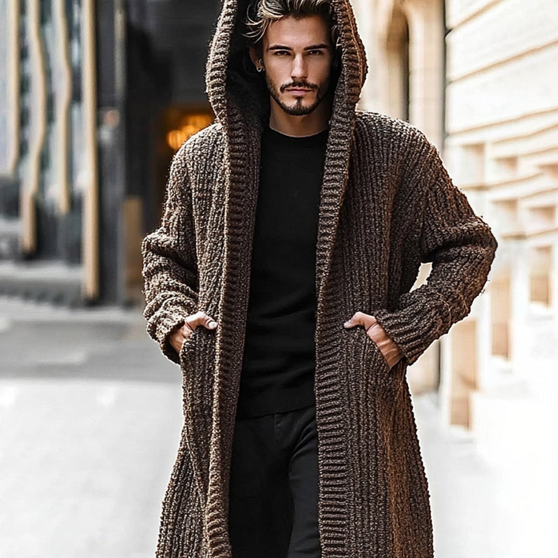 Men'S Knitted Hooded Long Sweater Cardigan artswardrobe