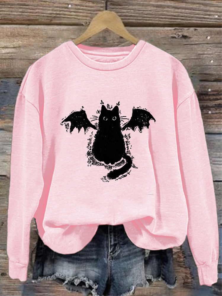 Women's Casual Demon Black Cat Print Sweatshirt elevenforest