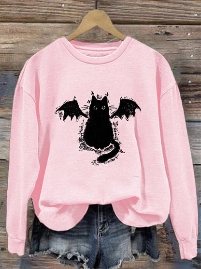 Women's Casual Demon Black Cat Print Sweatshirt elevenforest