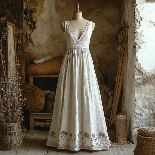 Vintage Floral Embroidered Linen V Neck Maxi Dress artswardrobe