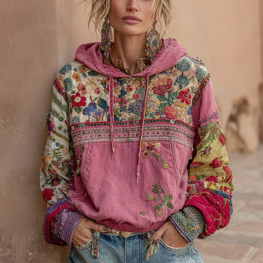 Comstylish Women's Vintage Bohemian Floral Embroidery Patchwork Long Sleeve Casual Hoodie